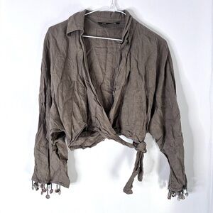 Zara Linen Wrap Blouse Neutral Taupe Brown